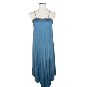 Zara Midi Shift Flowy Dress Teal Silky Ruffle Detail at the Neckline Size Small